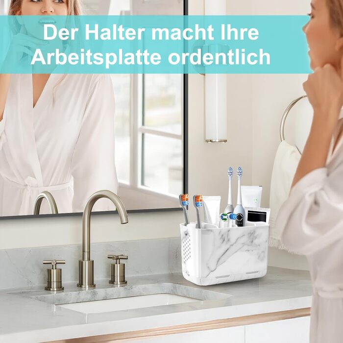 Тримач для зубних щіток електричних з отворами для стоку, дерев'яниста текстура, органайзер для зберігання зубних щіток на 4 щітки, легко чистити, для ванної кімнати (білий мармуровий малюнок, великий)