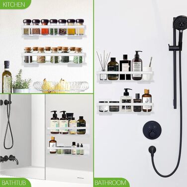 Дзеркальна поличка для душу без свердління, 2 шт. Біла, з нержавіючої сталі, з 4 гачками та 8 клейких поверхонь. Підходить для ванної кімнати та кухні.