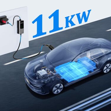 Мобільна зарядка для електромобіля 11 кВт, кабель CEE 16A - Type 2, 5м, 6-16A, програмування часу старту
