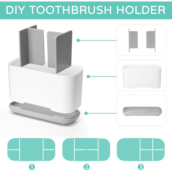 Тримач для зубних щіток, органайзер для електричної зубної щітки, регульований підставка з пластику з неслизьким дном, 4 відділення для зубних щіток + 2 відсіки для зберігання