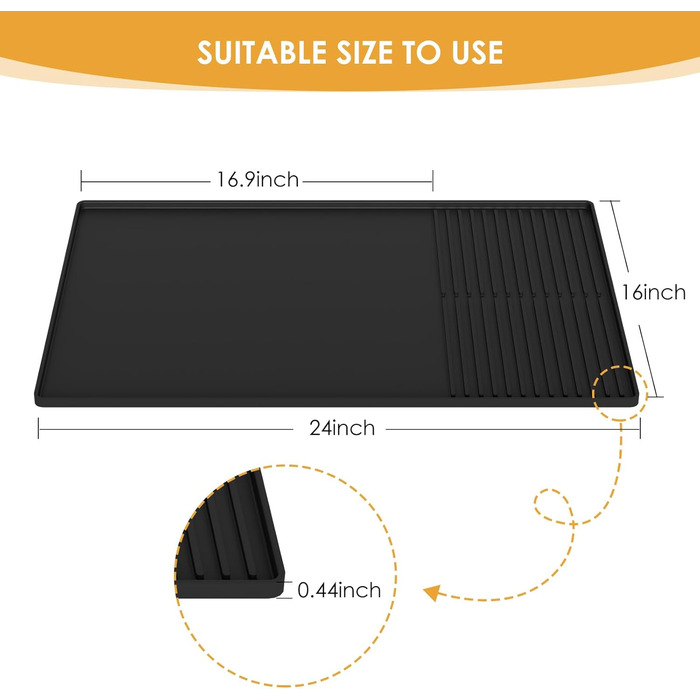 Силіконовий килимок під кавомашину з бортиками, 61 x 40.6 см, чорний | Захист стільниці, аксесуар для кавобару