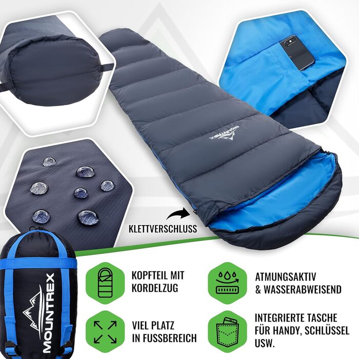 Сплячий мішок MOUNTREX® - компактний та ультралегкий (760г/1500г) - Outdoor (100GSM) / 3-4 сезони (300GSM) - Мумієвидний спальний мішок - для кемпінгу, подорожей, фестивалів - теплий та з'єднувальний (Темно-синій/Синій), літній спальний мішок