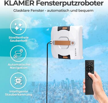 Робот для миття вікон KLAMER 3500 Pa: автоматичний очищувач з резервуаром для води 100 мл, режим вологого очищення, виявлення країв, тихий (60 дБ), захист від падіння, смарт-планування траєкторії, білий