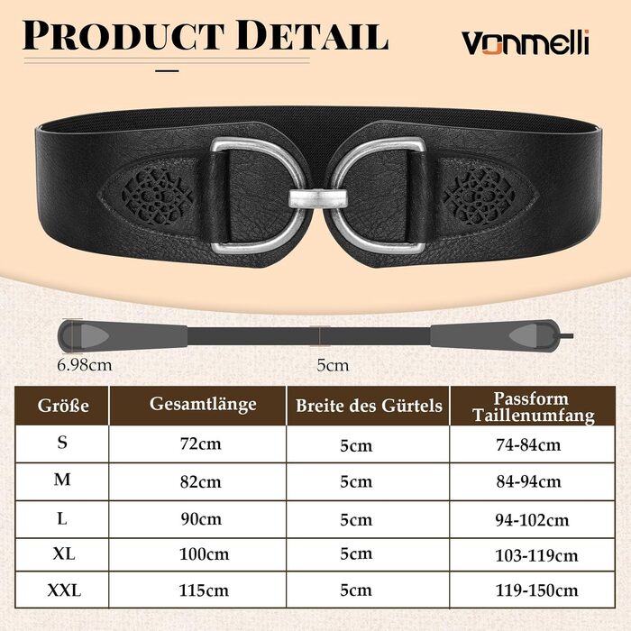 Жіночий ремінь VONMELLI Vintage з широкою талією та товстою пряжкою, еластичний, для суконь та пальто (B-чорний, M: обхват талії 84-94 см)