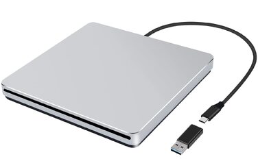Зовнішній DVD-накопичувач для ноутбука: Портативний USB CD/DVD привід та записувач для Mac, MacBook, PC, Windows (Сріблястий)