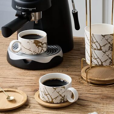 Набір келихів для еспресо LUKA з блюдцем та металевою підставкою (4 шт.), 118 мл, кераміка, мармуровий візерунок білий