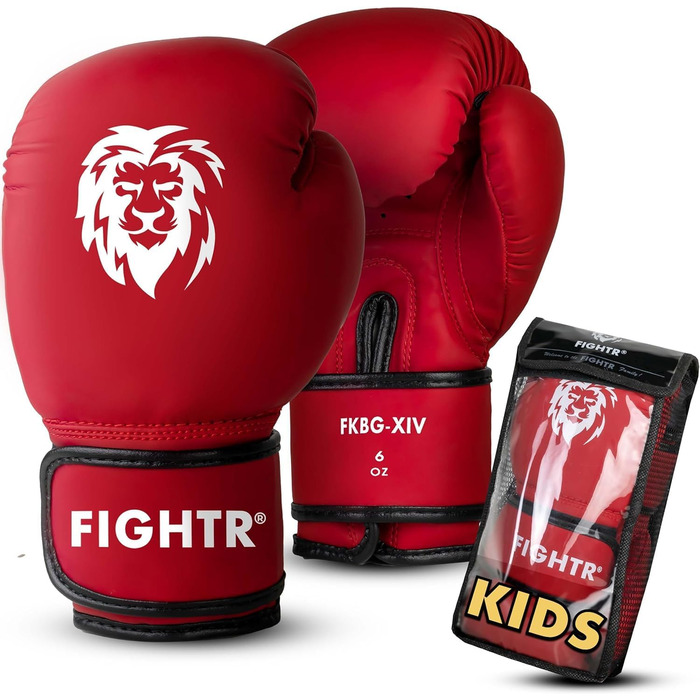 Боксерські рукавички FIGHTR® для дітей: максимальний захист, для боксу, MMA, муай-тай, кікбоксингу та єдиноборств (06 oz, червоні) з сумкою для перенесення
