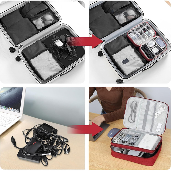 Органайзер для кабелів AiQInu: універсальна дорожня сумка-кубик для кабелів, 3-шаровий водонепроникний органайзер для зарядних кабелів, Powerbank, USB-накопичувачів, SD-карт (червоний)
