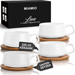 MIAMI - Set of 4 x 320 ml Coffee Cups/Cappuccino Cups with Saucers/Elegant/Modern/Coffee Cups made of Stoneware - Luxe Collection 4-Piece Set (White)