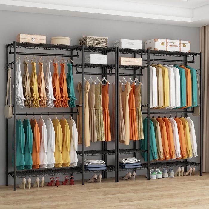 KZOBYD Clothes Rack, Freestanding Clothes Rod with Shelf Metal Wardrobe with Hanging Rods Black Open Clothes Closet with 4 Adjustable Shelves for Coats, Dresses, Shoes