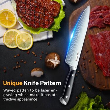 VINATO 14-Piece Knife Block Set with Sharpener - Damascus Pattern Kitchen Knife Set - Professional Chef's Knife Set, Black