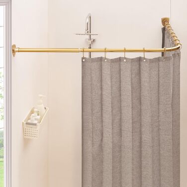 Штанга для душу L-подібної форми, регульована, з кріпленням для гардини та опорою для верхньої частини, для ванни/ванної кімнати, монтаж на свердління (Золото, 100-175см x 140-214см)