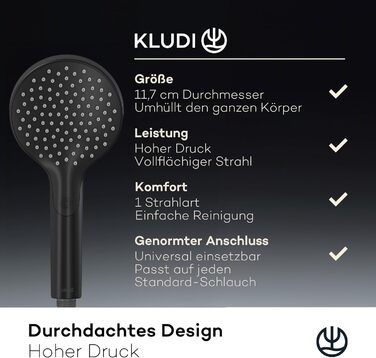 KLUDI-X3 Universal Shower Head with Hose, Shower Spray optional water-saving with 3 Spray Patterns (Body, Hair, Skin), easy-to-clean shower head Ø 11.7 cm, shower hose 1.60 m (1 spray pattern, Matte Black)