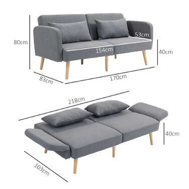 HOMCOM 3-місний диван з функцією сну, 170x83x80 см, з 3-ступеневим регульованим спинним оперням та ніжками, з хвилястими пружинами, декоративними подушками, з виглядом льону, сірого кольору | Aosom