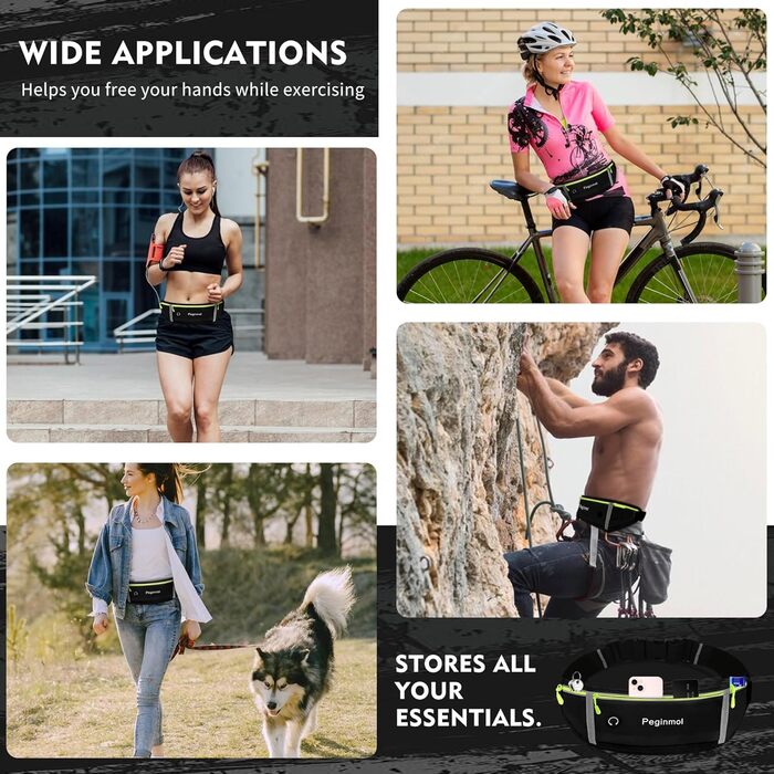Пояс для телефону, бігова сумка, водонепроникний пояс для бігу, пояс на пояс для жінок та чоловіків з 3 кишенями, велика ємність, регульований біговий пояс (Чорний + Зелений)