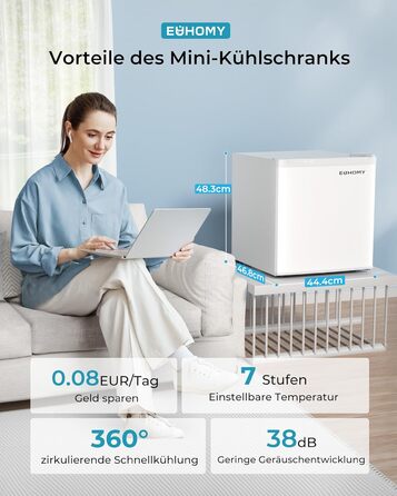 EUHOMY 46L Mini Refrigerator with Reversible Door, 7-Level Thermostat & Cooler Box, 39dB Quiet Mini Fridge for Bedroom/Office, Energy Efficient, Compact