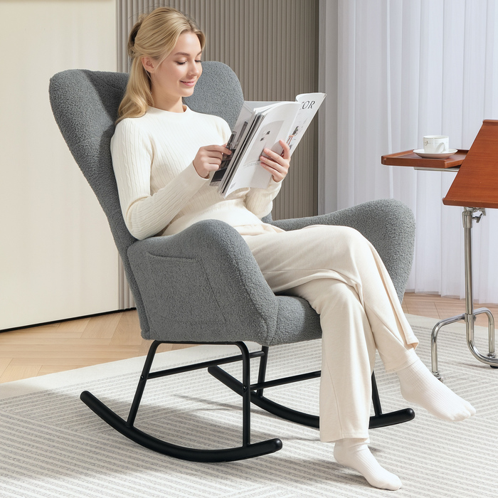 HOMCOM Rocking Chair, Rocking Armchair with Teddy Fabric Look, Armrests, Still Chair with Wooden Skids, Lumbar Pillow, Relax Chair with Side Pocket for Living Room, Bedroom, Grey | Aosom
