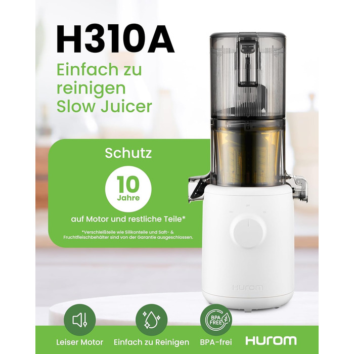 Hurom Slow Juicer | Vegetable and Fruit Juicer | H310 | Easy to Clean & Quiet Motor Electric Juicer with Mesh Filter | 150 Watts | BPA Free | Slim Design | 220ml, White