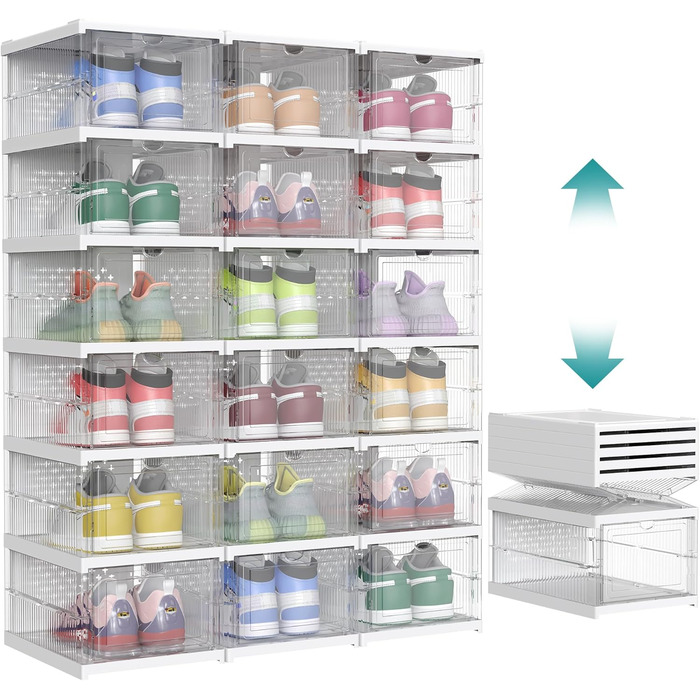 SONGMICS Shoe Cabinet 3-Piece Set, with 18 Shoe Boxes, Integrated Shoe Organizer, Foldable, Portable, for Shoe Sizes up to 46, 1-Minute Assembly, Transparent-Cloud White LSP207W01