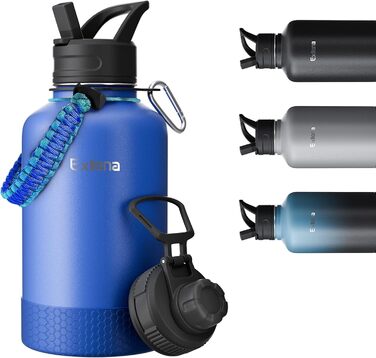 2L Stainless Steel Water Bottle with Straw, Double-Insulated 2 Liter Water Bottle with Two Lids and Protective Silicone Boot, Paracord Handle for Easy Carrying - (2000 ml, Blue)