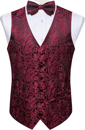 Набір DiBanGu для чоловіків: шовкова жилетка та краватка з візерунком Paisey, бант, формальна жилетка для весілля, вечірки, 6 шт. (L, Бордовий)