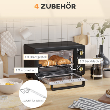 HOMCOM 16L Mini Oven 1400W Mini Oven 100-230℃ 60 Min. Timer, with Grill Rack and Baking Tray, Pizza Oven with Tray Handle, Crumb Tray Black | Aosom