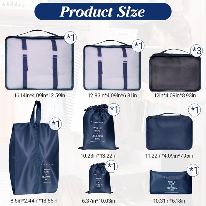 Органайзер для валізи Zorplex, набір 10 шт. (Pack Cube Set), аксесуари для подорожей, сумки для одягу, взуття та косметики (Темно-синій)