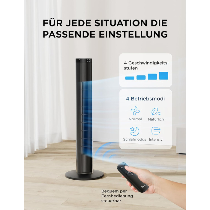 Вентилятор підлоговий Midea FZ10-26MR (BL) 96 см, з пультом, тихий 33 дБ, з осциляцією 90°, таймер 15 год, LED дисплей, 4 швидкості/режими, для спальні та офісу, чорний