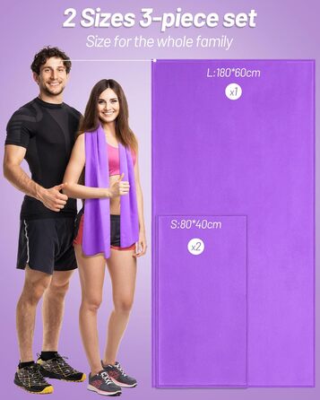 Набір рушників з мікрофібри GZXYA (3 шт.): великий (180x60 см) + 2 маленькі (80x40 см), швидковисихаючі, для спорту та басейну, фіолетовий