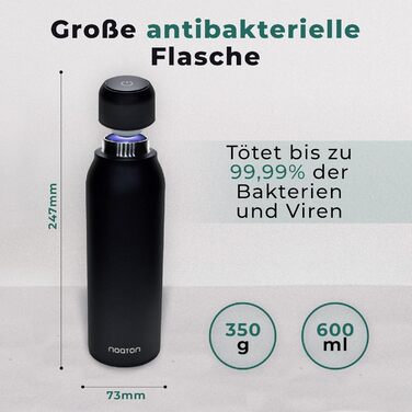 Naturaq Schwarz 600 ml, UV-C, Water Purifier, Self-Cleaning Stainless Steel Insulated Water Bottle, Thermos, Lightweight, for Camping, Hiking, Travel