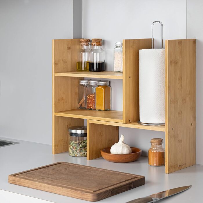 Navaris Acacia Desk Organizer 64x15.5x40 - Desk Shelf Organization System Adjustable - Corner Shelf for Kitchen Office Bathroom Shelf Attachment - Natural (Light Brown)
