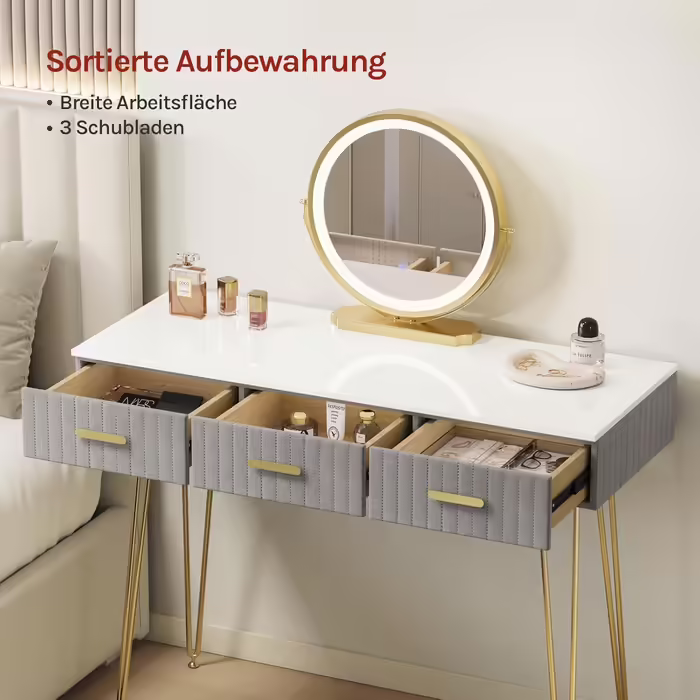 WOLTU Vanity Table with Mirror and Stool, Dressing Table with 3 Drawers Made of Solid Wood, Large High-Gloss Tabletop, Modern Cosmetic Table from Velvet and Metal, White, MB6080gr (Grey, 100x40cm with LED Lighting)