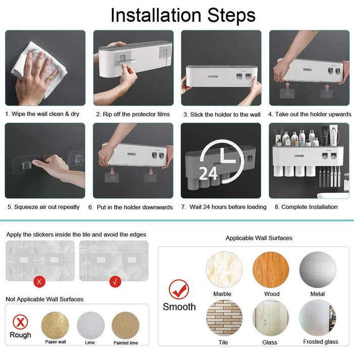 Тримач для зубних щіток настінний з автоматичним дозатором пасти для дітей та дорослих, 6 відділень для щіток, 2 магнітні стаканчики, сірий