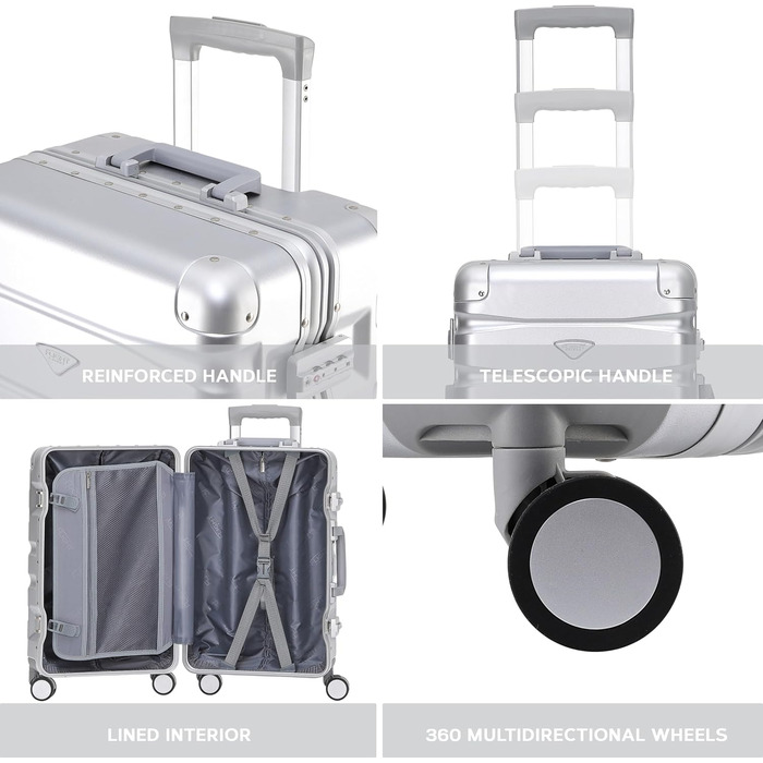 Набір валіз Flight Knight Premium: S (55x35x20cm), M (67cm), L (77cm) – алюмінієвий каркас, ABS, 8 коліс, захист від злому, ручна клада, для подорожей