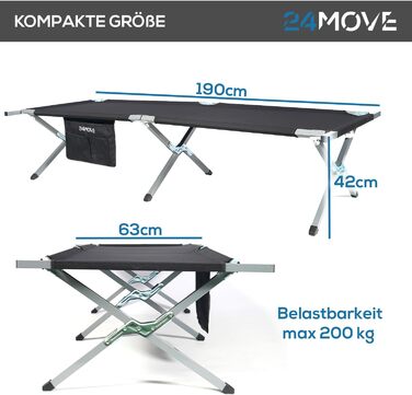Розкладне ліжко для кемпінгу 24MOVE® - міцне, компактне, для відпочинку на природі та вдома (210x72x45 см)
