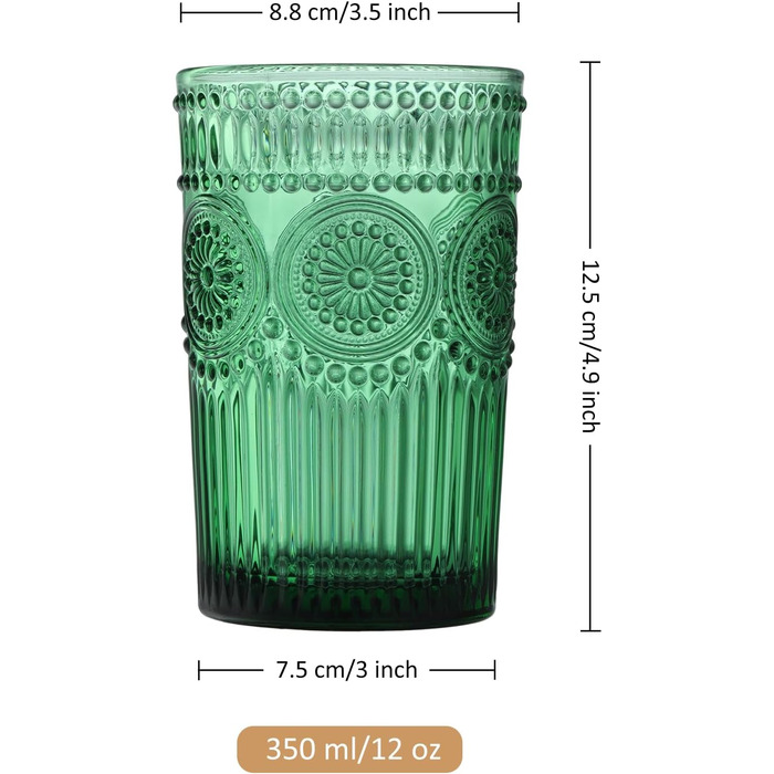 Joeyan 350ml Green Drinking Glasses Embossed with Sunflower Patterns, Vintage Colored Glasses Dishwasher Safe, 4-Piece Set of Colorful Glass Water Glasses for Juice, Drinks, and Cocktails