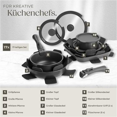 Набір посуду Tectake 17 предметів з антипригарним покриттям для індукційних плит: каструлі, сковороди та кришки