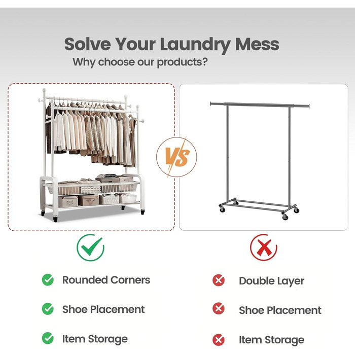 Стійка для одягу на колесах, двоярусна, з двома перекладинами (біла)