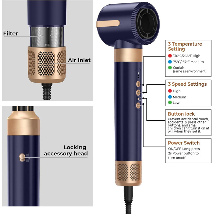 Airstyler 7 в 1: мультистайлер для волосся 1400W з феном, дифузором, плойкою та щітками для сушки, локонів та укладки. Швидка сушка завдяки двигуну 110000 RPM. Колір: блакитний