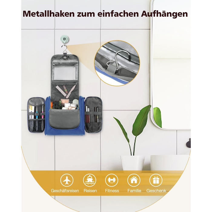 Чоловіча та жіноча косметичка для подорожей, водонепроникна, з гачком для підвішування, компактна, органайзер для косметики (Блакитна)