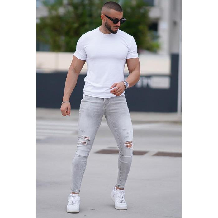 Чоловічі рвані джинси GINGTTO Skinny Stretch Slim Fit світло-сірі (34W/30L)