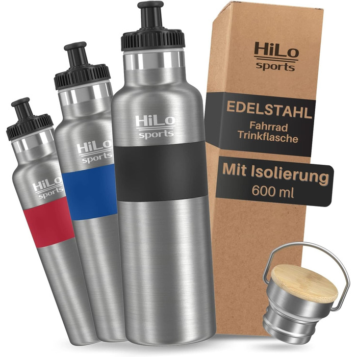 HiLo Sports Insulated Drinking Bottle Bicycle Stainless Steel 600ml - [Keeps 12h hot & 24h cold] Thermo Bike Bottle - Leak-proof Metal Bicycle Drinking Bottle with 2 Closures