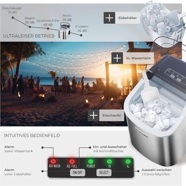 Машина для приготування льоду tectake® - приготування 9 кубиків за 6 хвилин, 12 кг за 24 години, об'єм 1,2 л, 2 розміри кубиків, самоочищення, з лопаткою для льоду, срібна