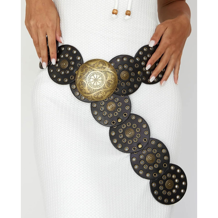 Жіночий шкіряний пояс LIMHOO з вирізами, бохо стиль, чорний, 135 см