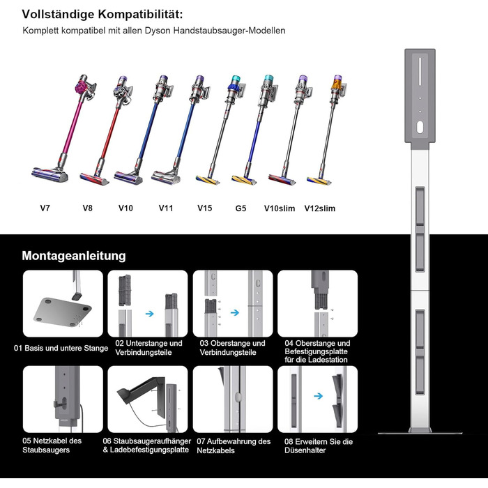 Підставка для пилососа Dyson з розкладними гачками та міцною основою з вуглецевої сталі – монтаж без свердління, компактне зберігання для всіх бездротових пилососів Dyson та аксесуарів, сірий колір