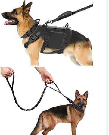 Тактичний нашийник для собак з ручкою та поводок, військовий стиль, м'яке наповнення, нейлон, регульований, середні та великі породи, чорний XL
