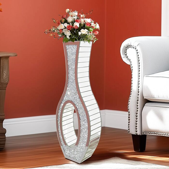 Ваза для квітів напольна 68 см, срібна ваза з кристалом для пампас трави, скляна ваза з дзеркальними діамантами, декоративна розкішна блискуча ваза для вітальні, декор інтер'єру – не для води (13L x 12.5B x 76.5H cm)