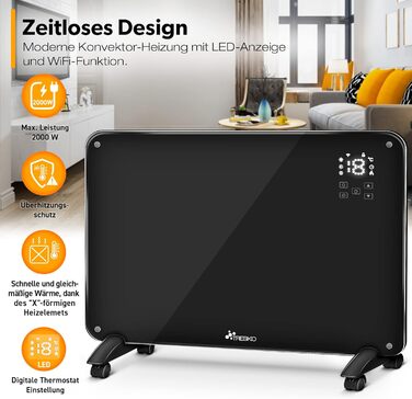 TRESKO Glass Convector Glass Heater 2000W APP WiFi | Electric Heater, electric including remote control | Convector Heater Radiator Touch & LCD Display | Electric Heater Stand-alone or Wall-Mounted Device Black