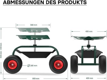 Wiltec Garden Wagon with Storage Area up to 150kg, Garden Chairs with Tires, Garden Trolley for Gardening, Workshop Wagon, Mobile Work Cart, Garden Seat, Mobile
