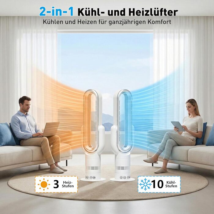 Безлопатевий вентилятор-нагрівач TP18Pro 2-в-1: охолодження та обігрів, 10 режимів охолодження, 3 - обігріву, пульт та сенсорне керування, тихий DC-двигун